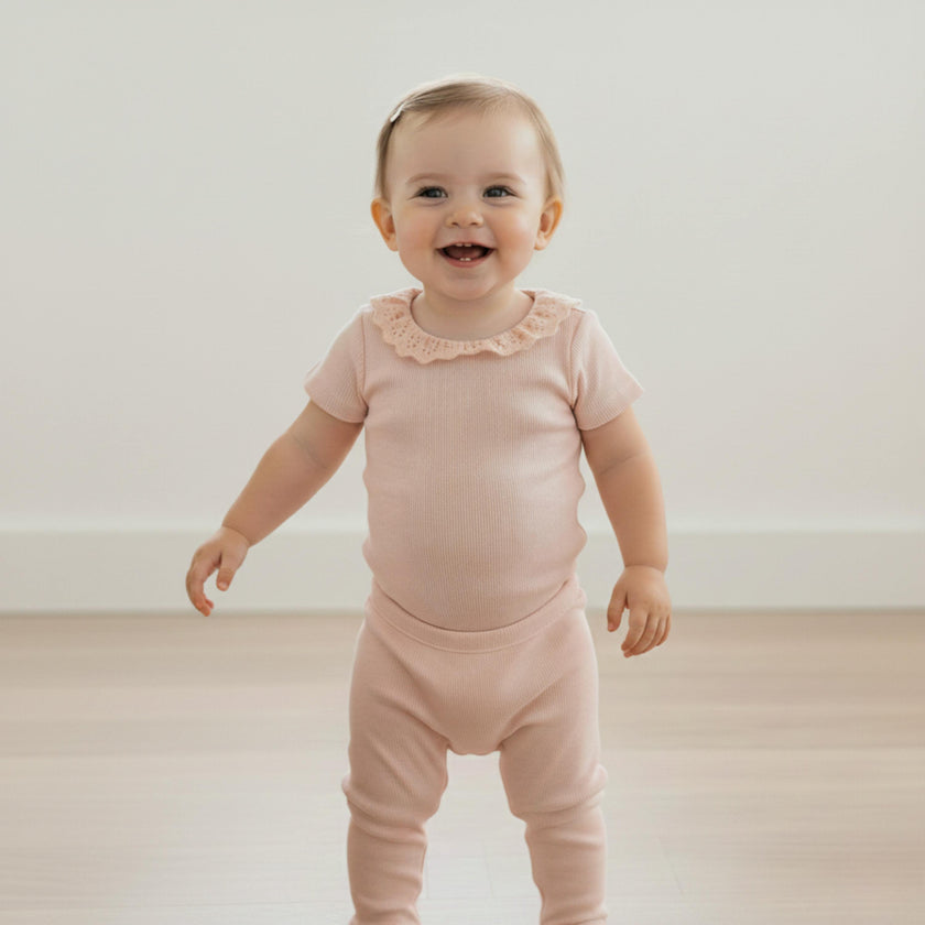 Organic Lace Collar Onesie & Tights Set - Blush