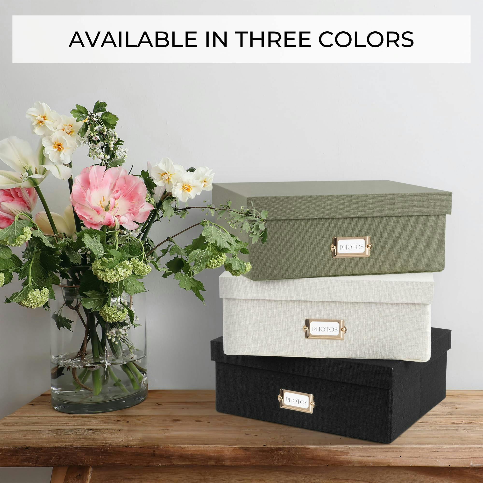 Decorative Photo Storage Box - Sturdy Linen Photo Organizer with Dividers - Stores Up to 850 4x6 Photos - Portable Scrapbook Storage Container with Lid