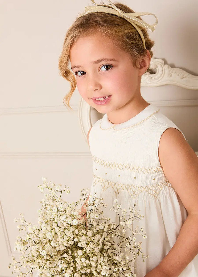 Hand Smocked Gold Embroidered Sleeveless Dress in Ivory (12mths- 10yrs)