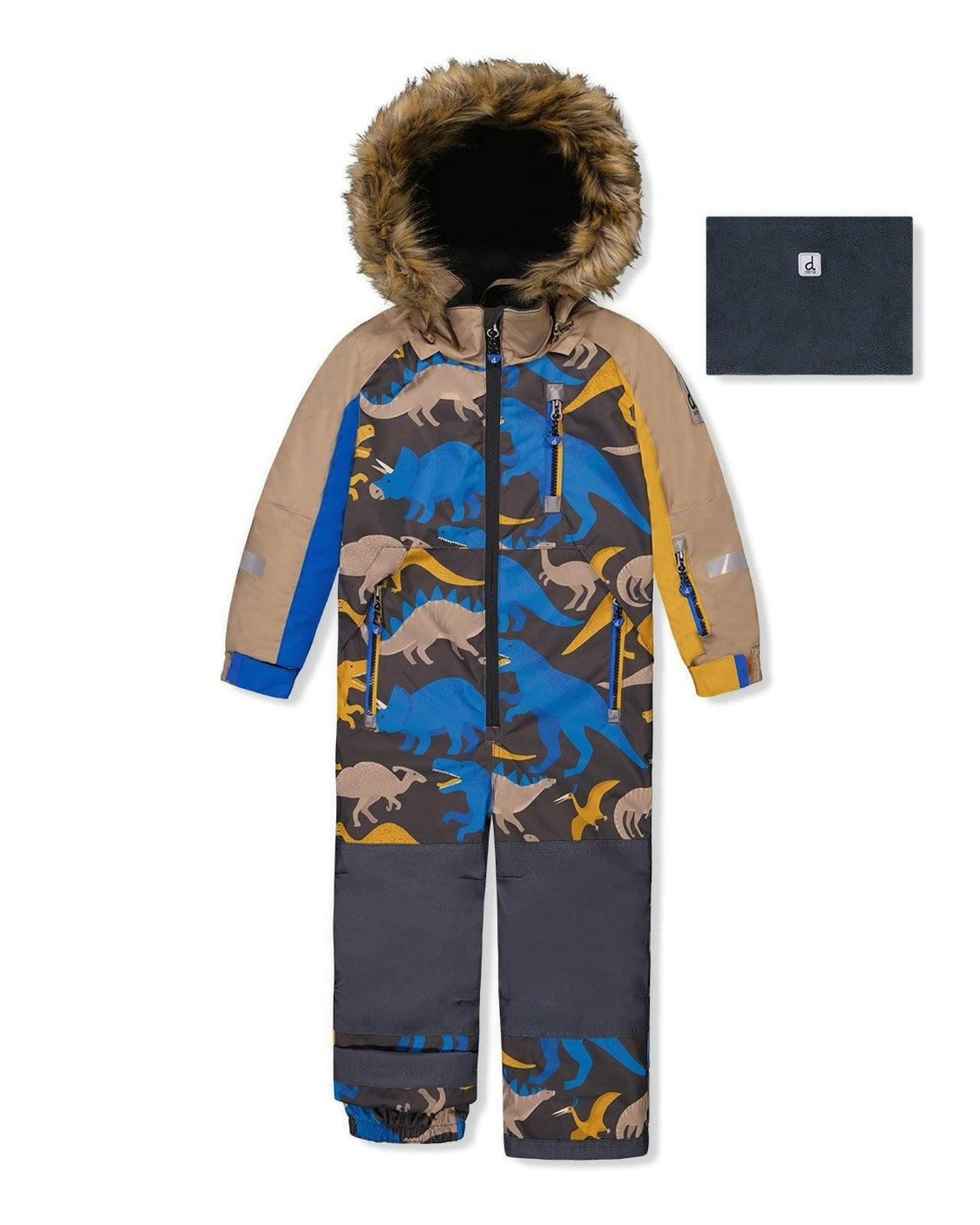 Kids One Piece Play Snowsuit Grey And Blue Dinosaur Print