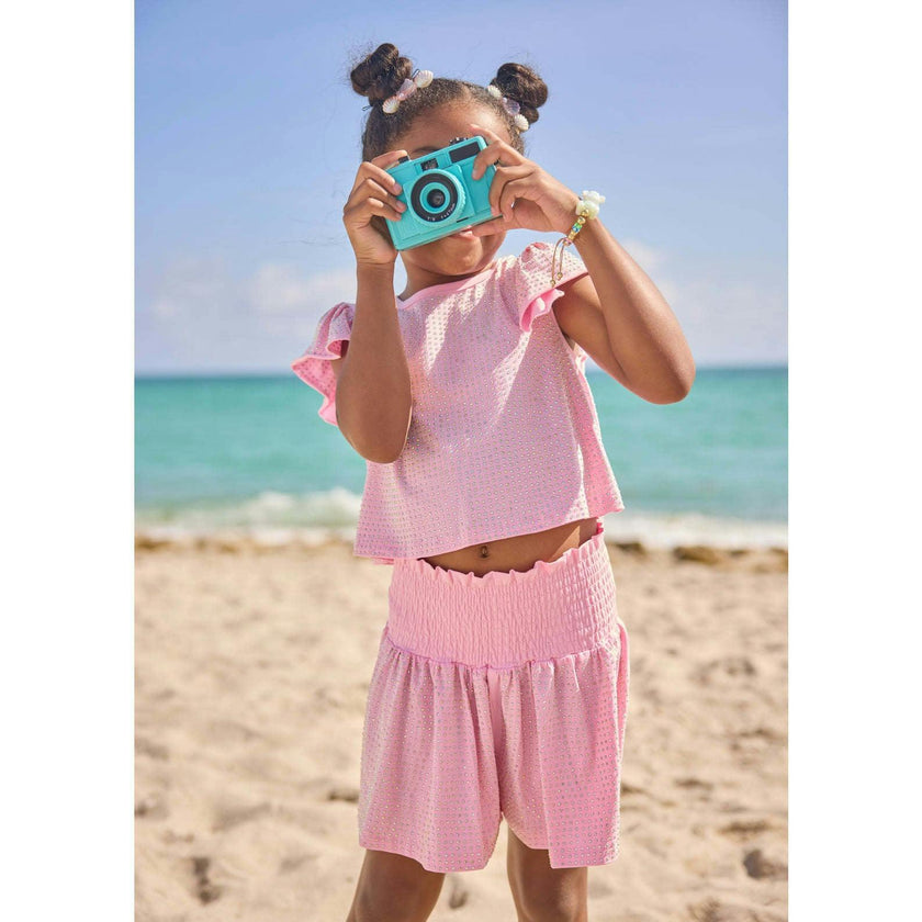 Pink Crystal Ruffle Short Set