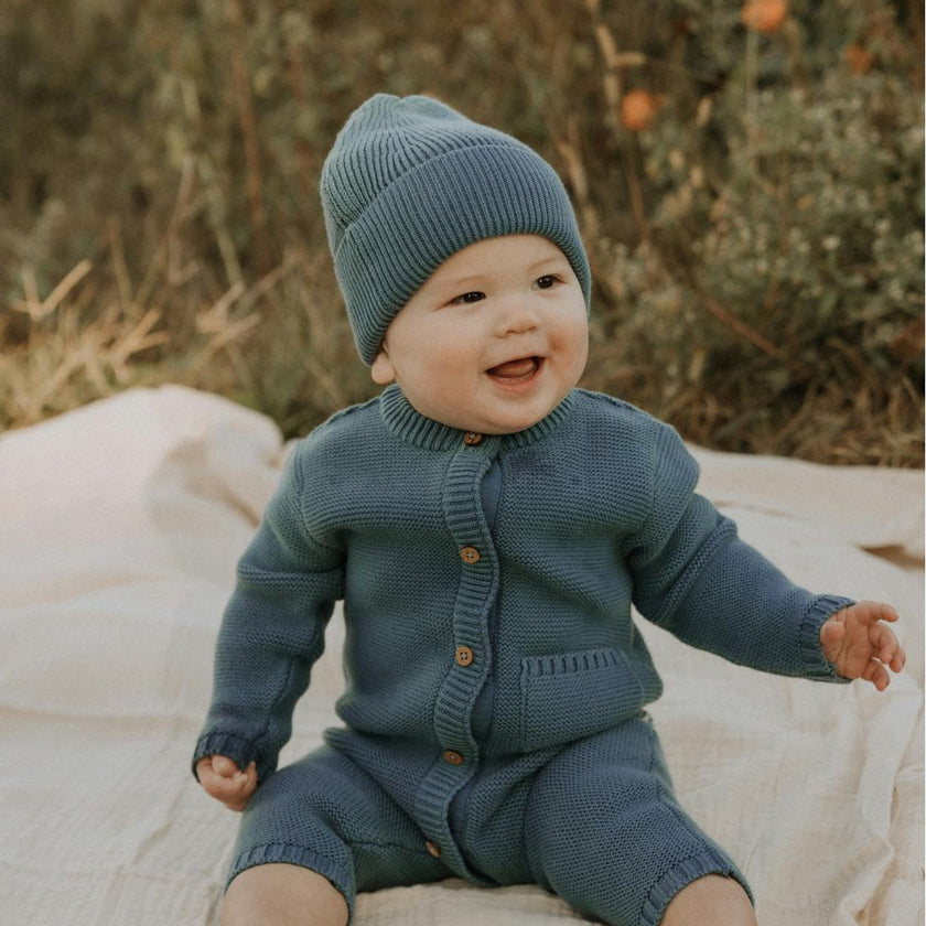 River Garter Stitch Romper in Bluestone