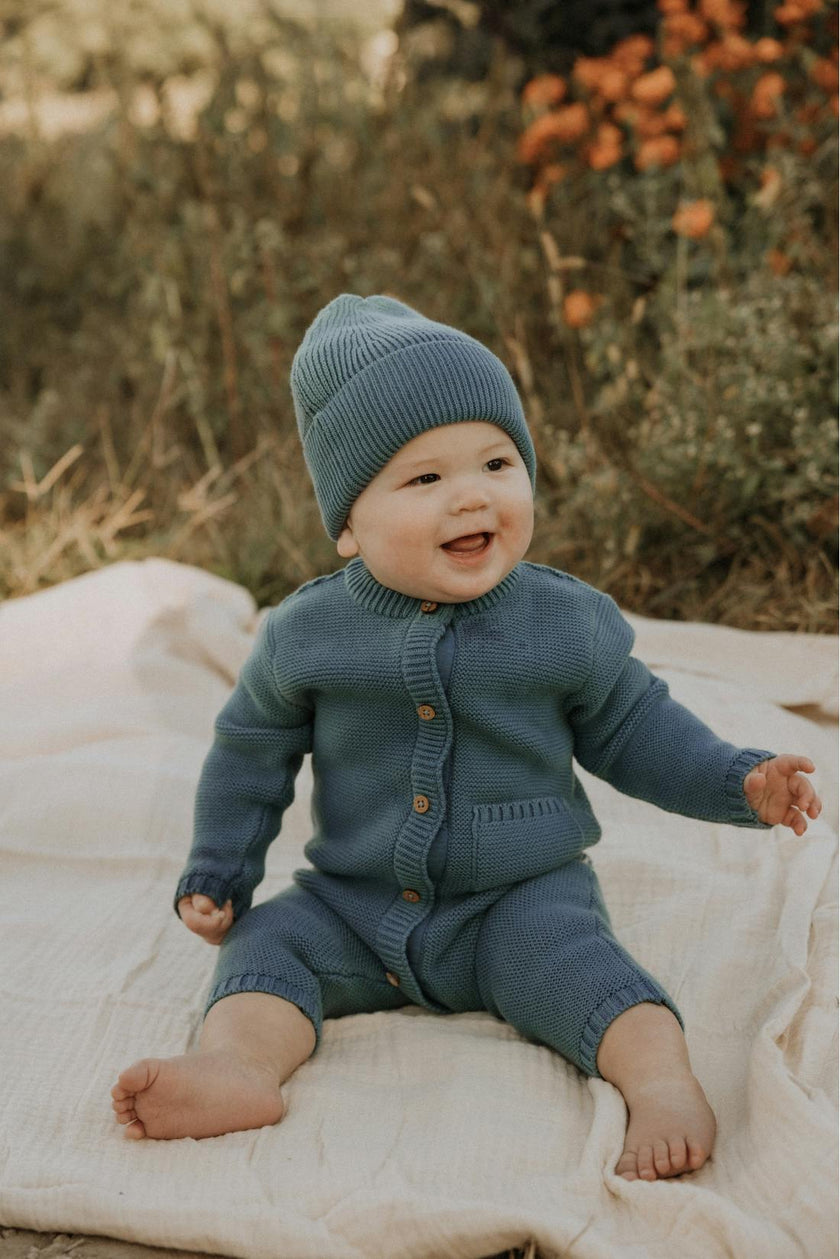 River Garter Stitch Romper in Bluestone