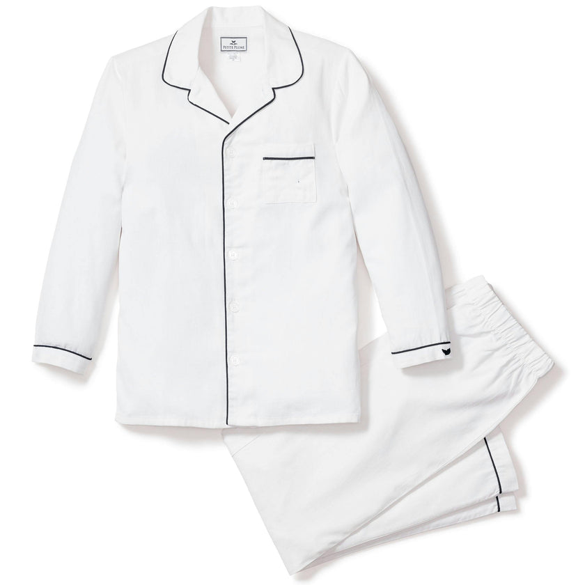 Kid's Twill Pajama Set in White with Navy Piping