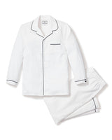 Kid's Twill Pajama Set in White with Navy Piping