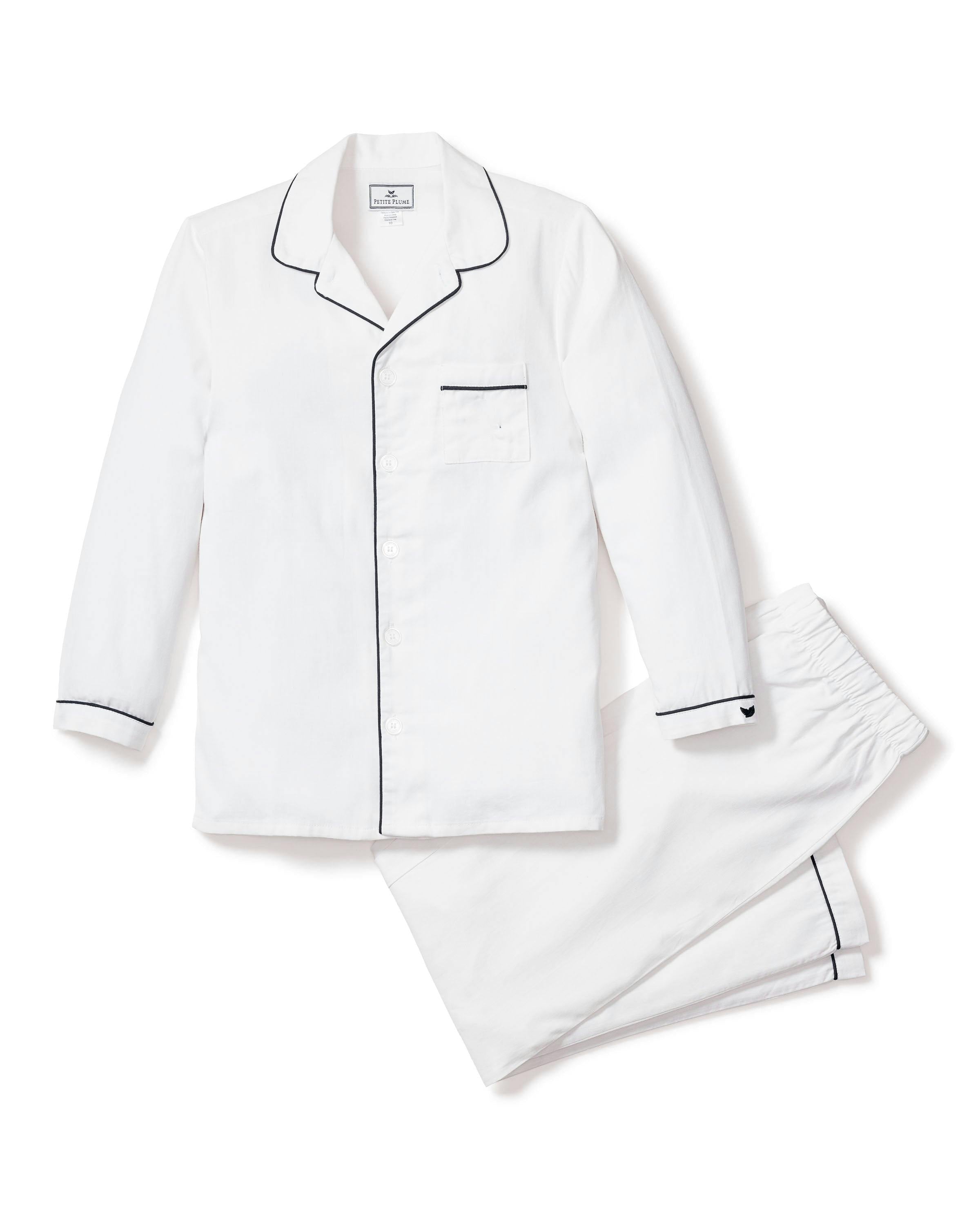 Kid's Twill Pajama Set in White with Navy Piping