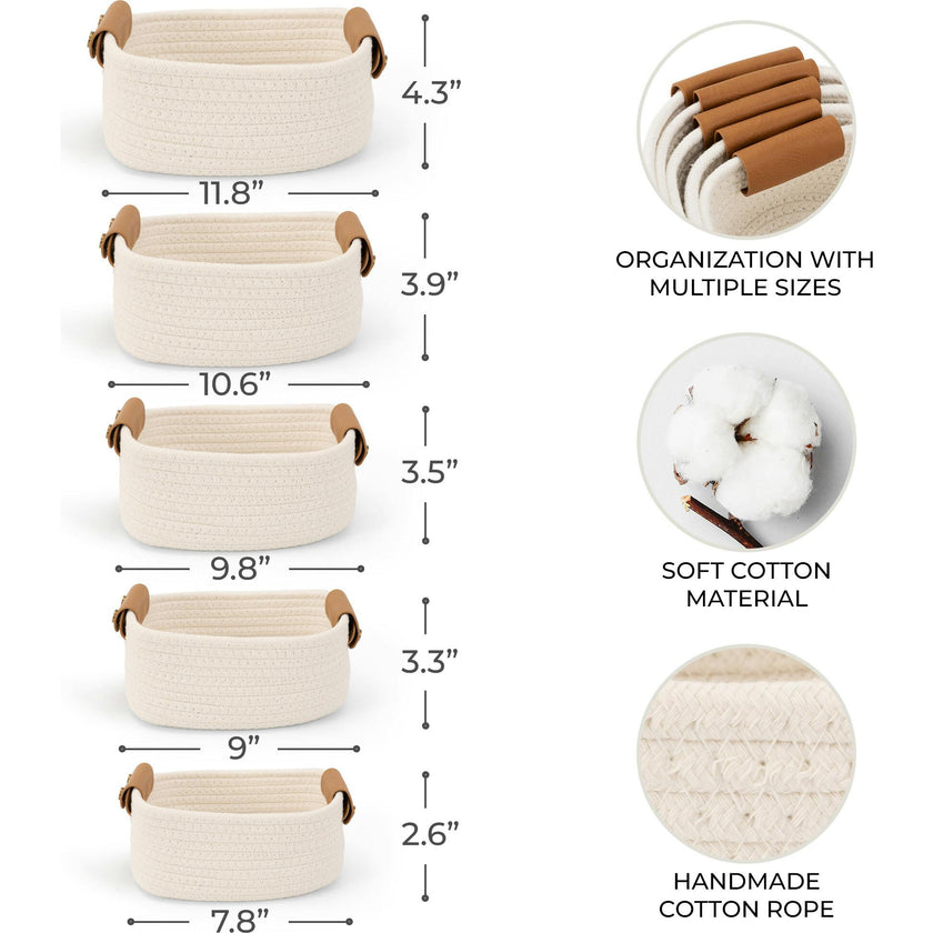 Beautiful Storage Basket Set of 5 - Modern Cotton Rope Baskets for Organizing Shelves - Perfect Bins for Nursery, Changing Table, Office and Living Room