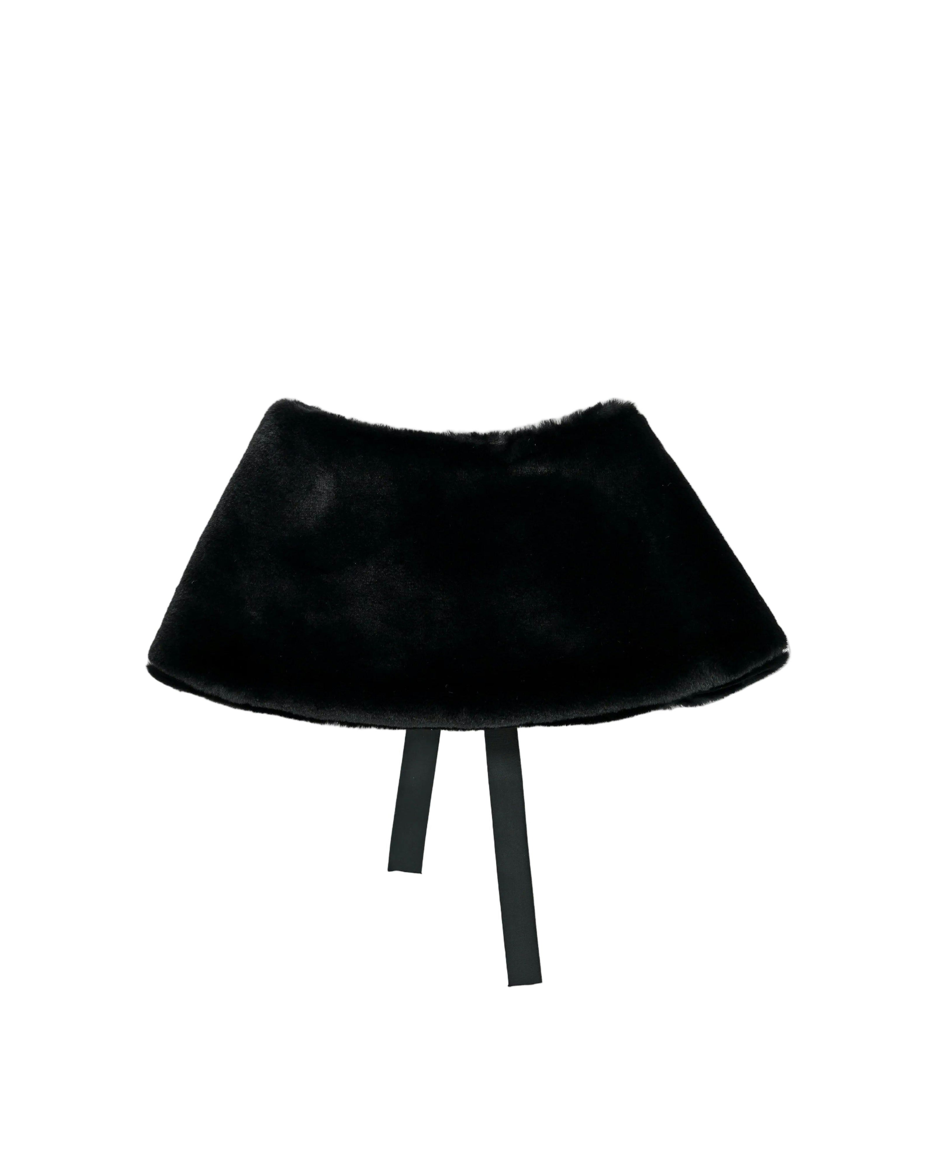 Black Ribbon-Tie Faux Fur Collar