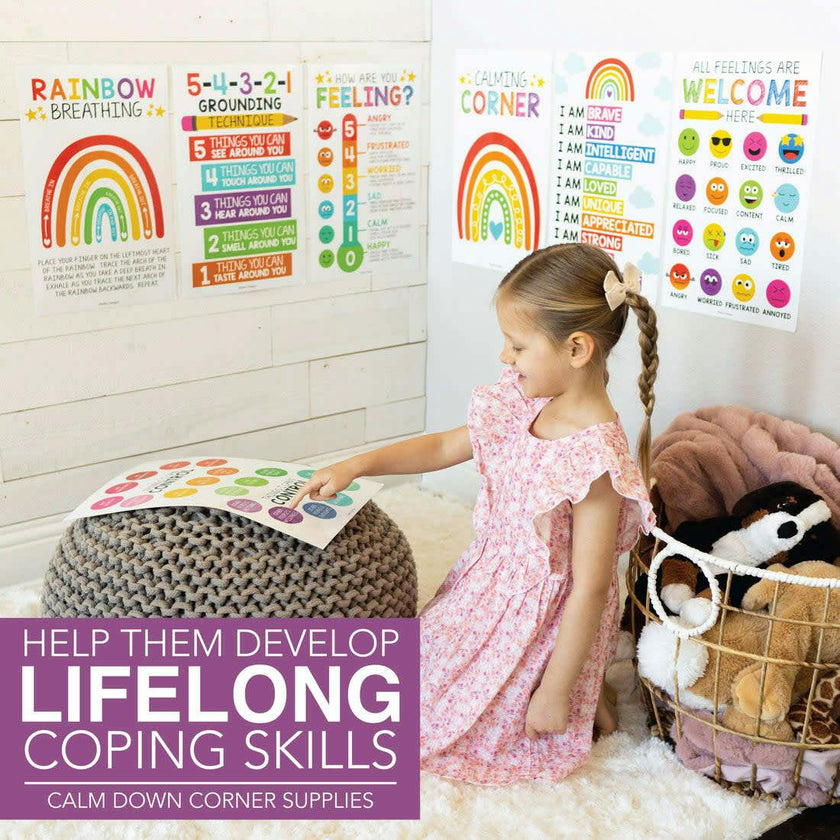 16-Piece Laminated Colorful Prek & Kindergarten Posters & 8-Piece Calming Corner Posters