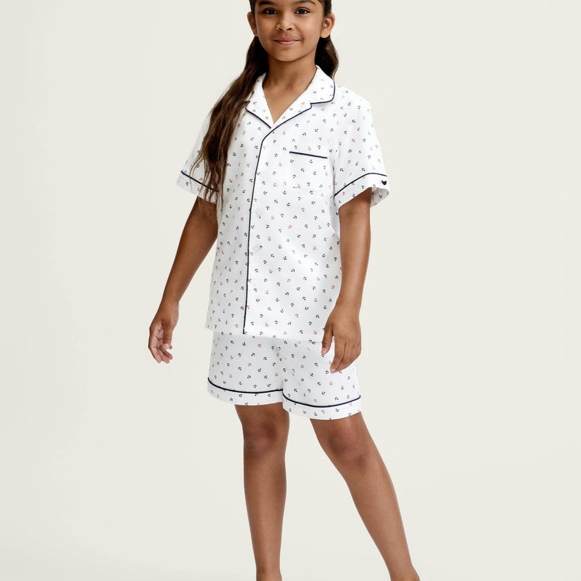 Kid's Twill Pajama Short Set in Anchors Away White