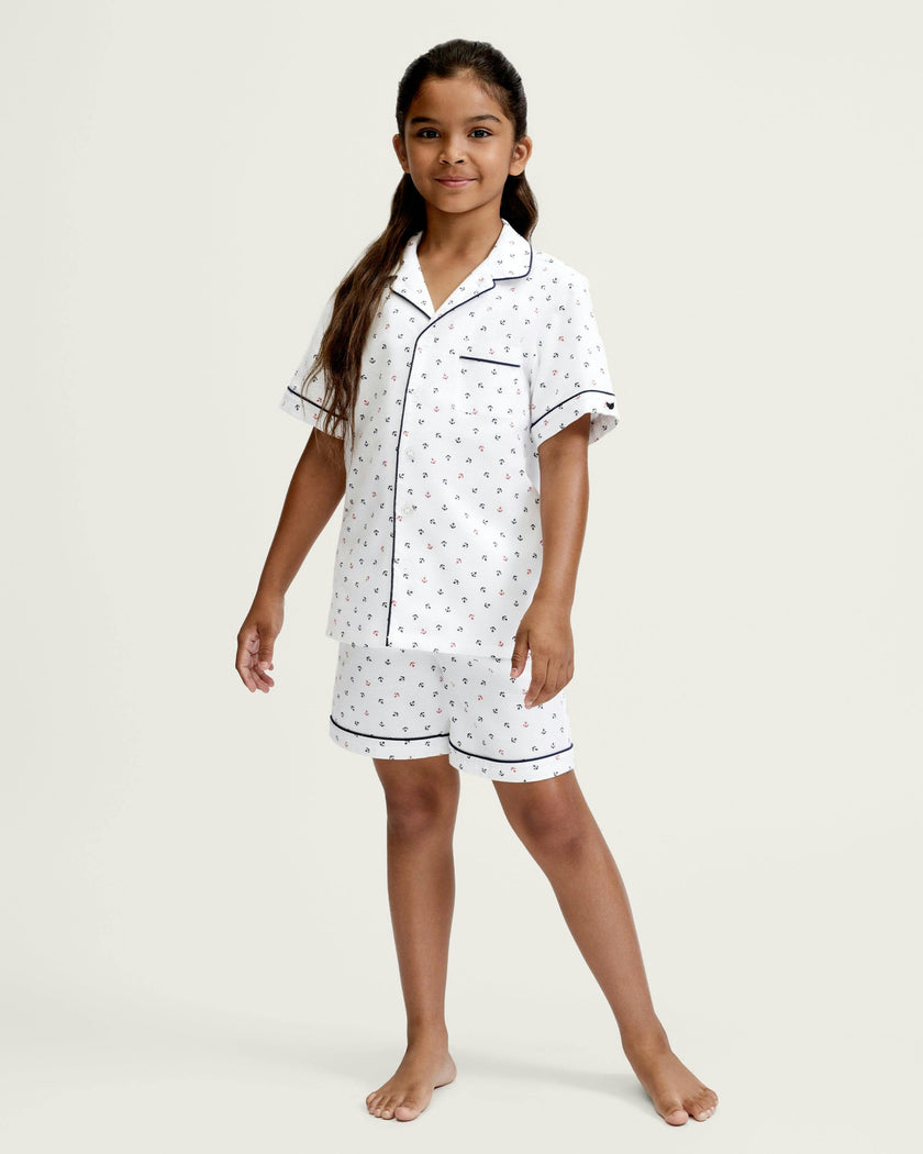 Kid's Twill Pajama Short Set in Anchors Away White