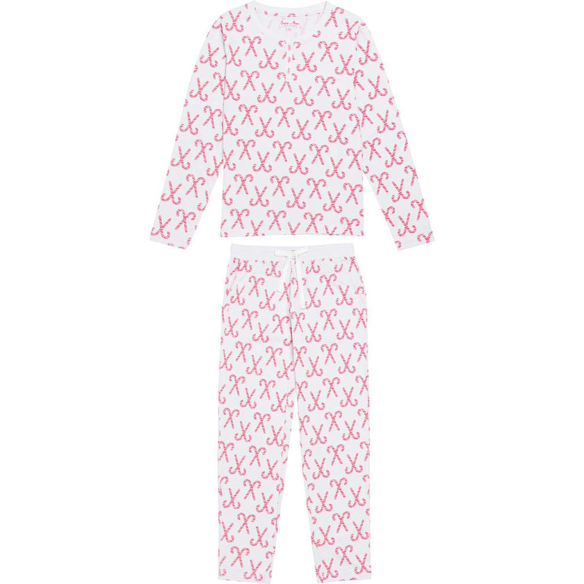 Women's Candy Cane Long PJ Set - Red White Organic Stretch Jersey Knit Cotton