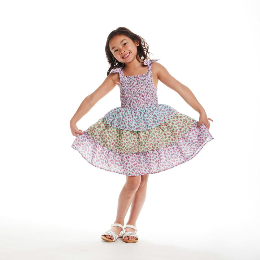 Kids Color Blocked Floral Tiered Dress