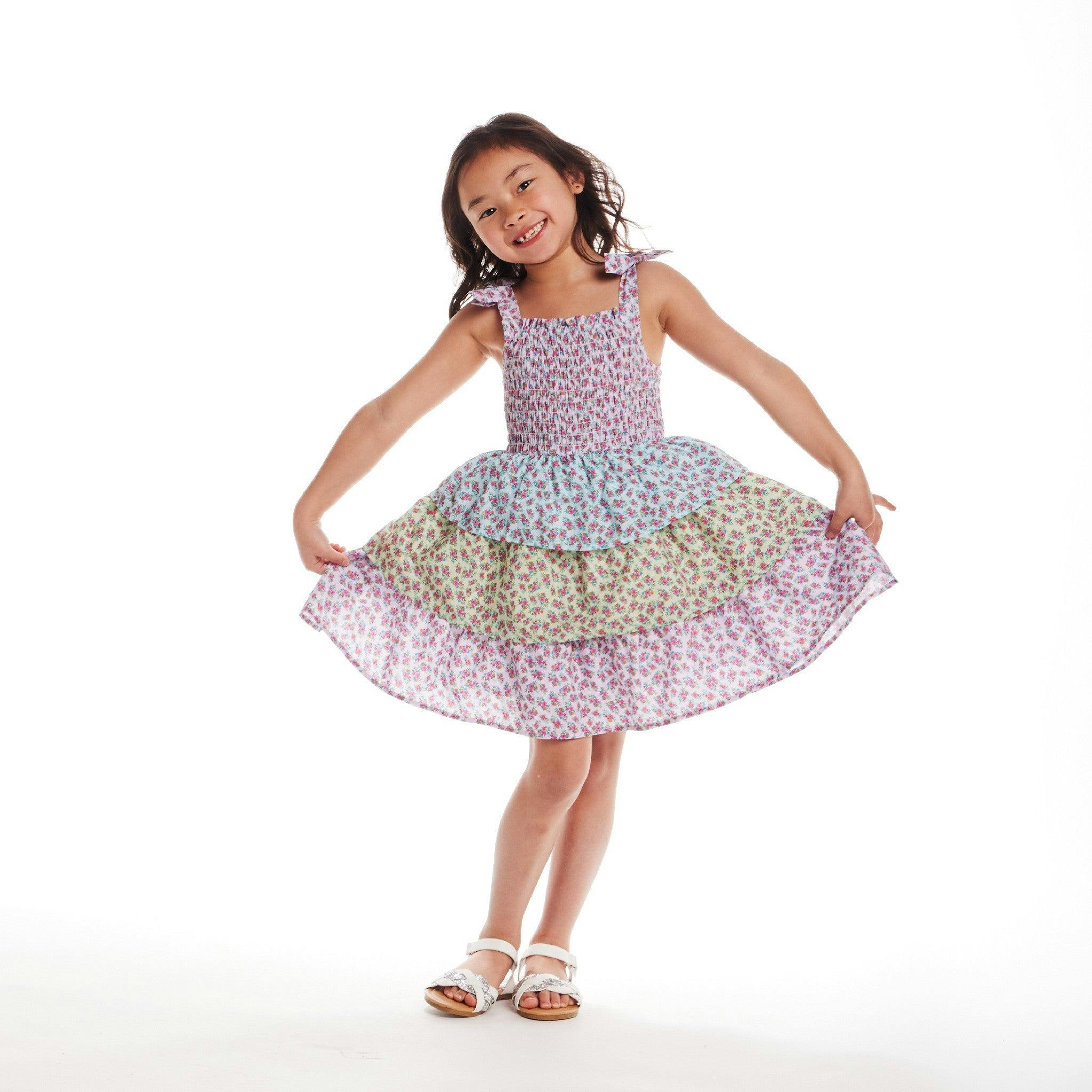 Kids Color Blocked Floral Tiered Dress