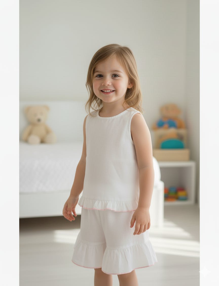 Shorts and Top Set with Ruffle Dress White with Pink