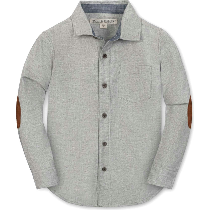 Organic Long Sleeve Flannel Button Down Shirt with Elbow Patches, Grey