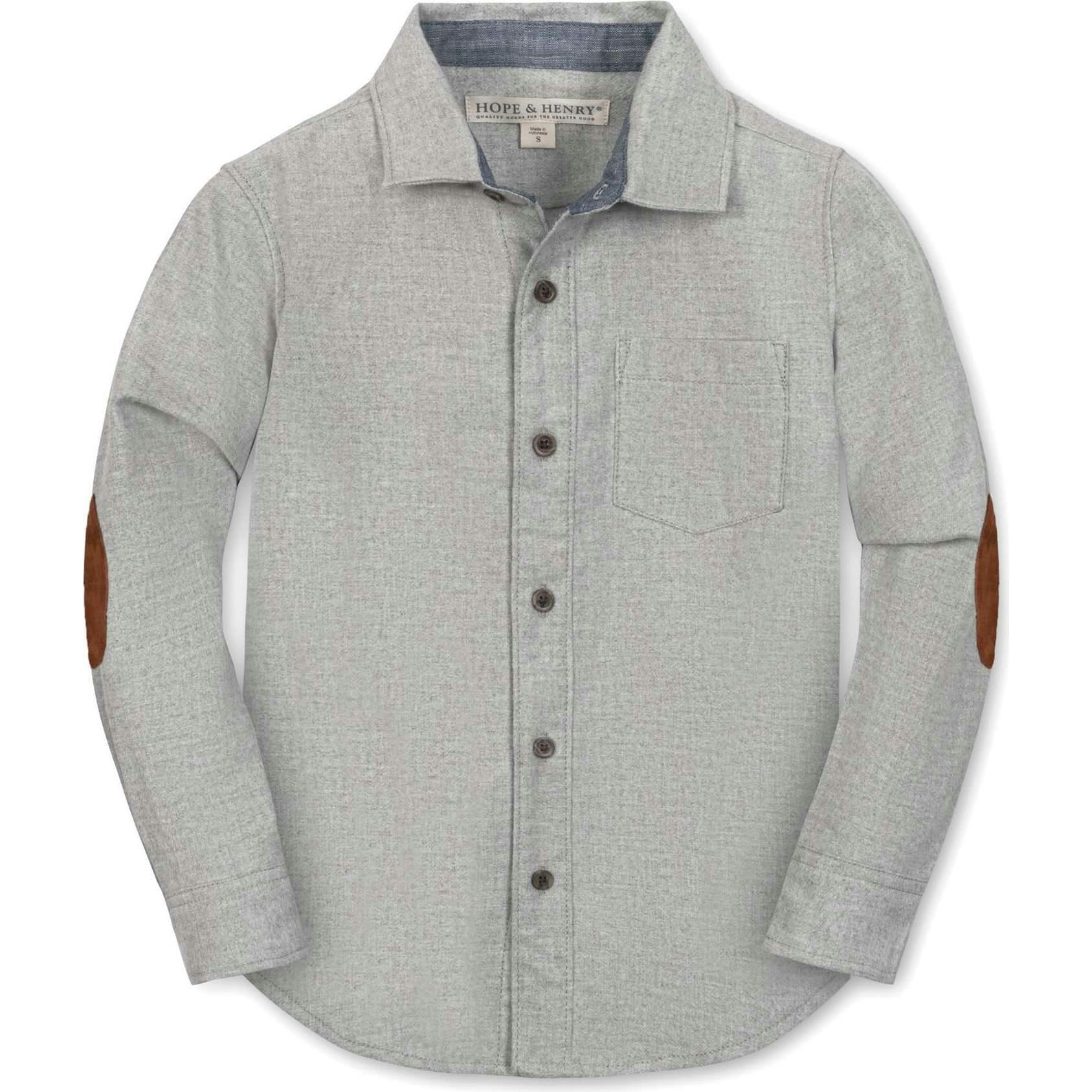 Organic Long Sleeve Flannel Button Down Shirt with Elbow Patches, Grey