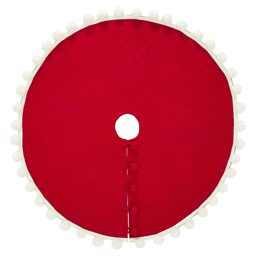 Handmade Christmas Tree Skirt Felt - Pom Poms Red 63" / 72"