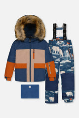 Two Piece Play Snowsuit Navy And Rust Colorblock With Blue Bear Print Pants
