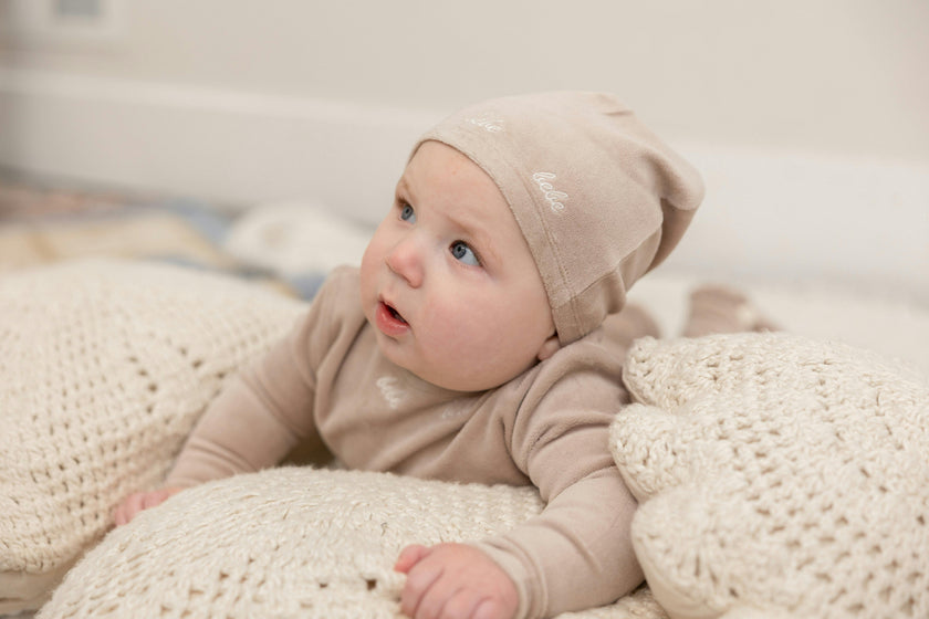 Bebe Velour Embroidered Snap Front Romper and Hat Two Piece Set
