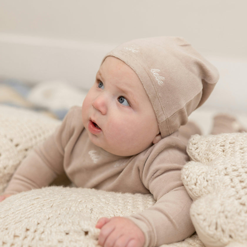 Bebe Embroidered Velour Onesie with Hat Beige
