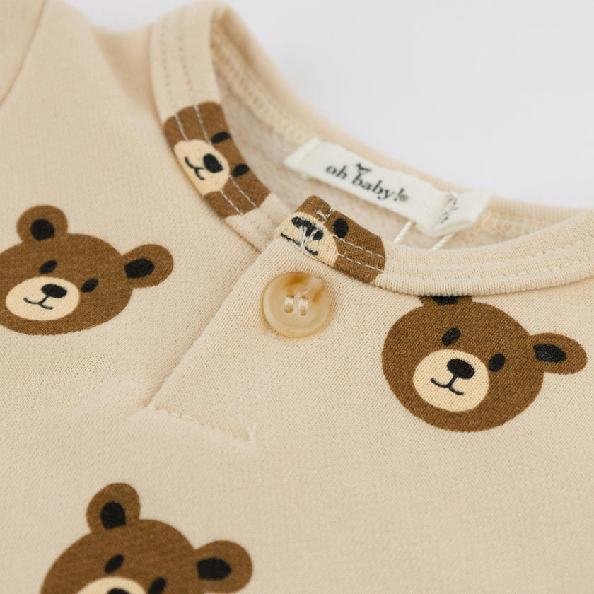 Teddy Face One Button Romper French Terry