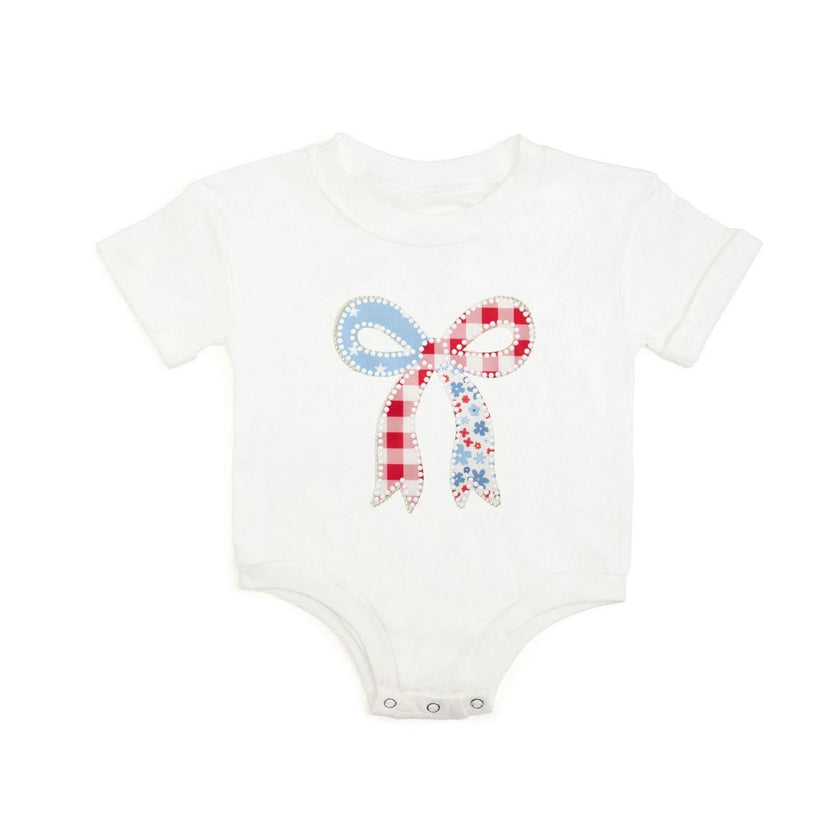 Patchwork Bow Patch Short Sleeve Romper - White