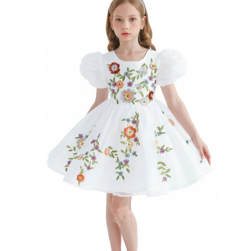 White Embroidered Puff Sleeve Dress