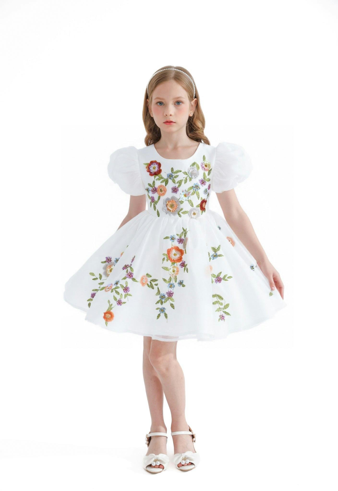 White Embroidered Puff Sleeve Dress