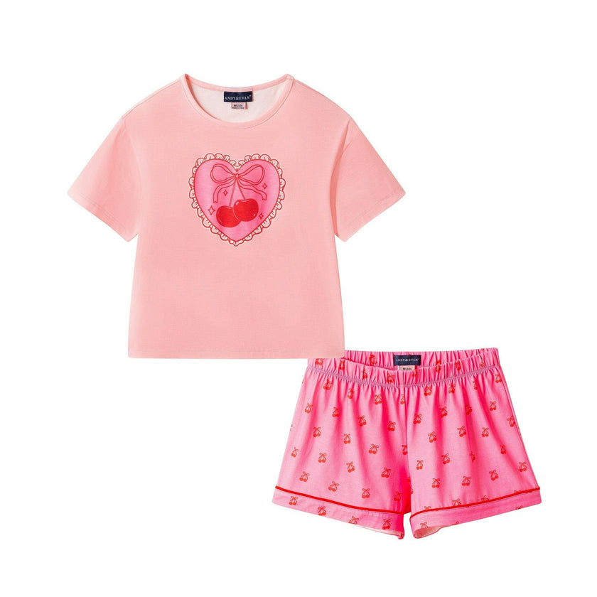 Short Sleeve Pink Pajama Set | Cherry Heart