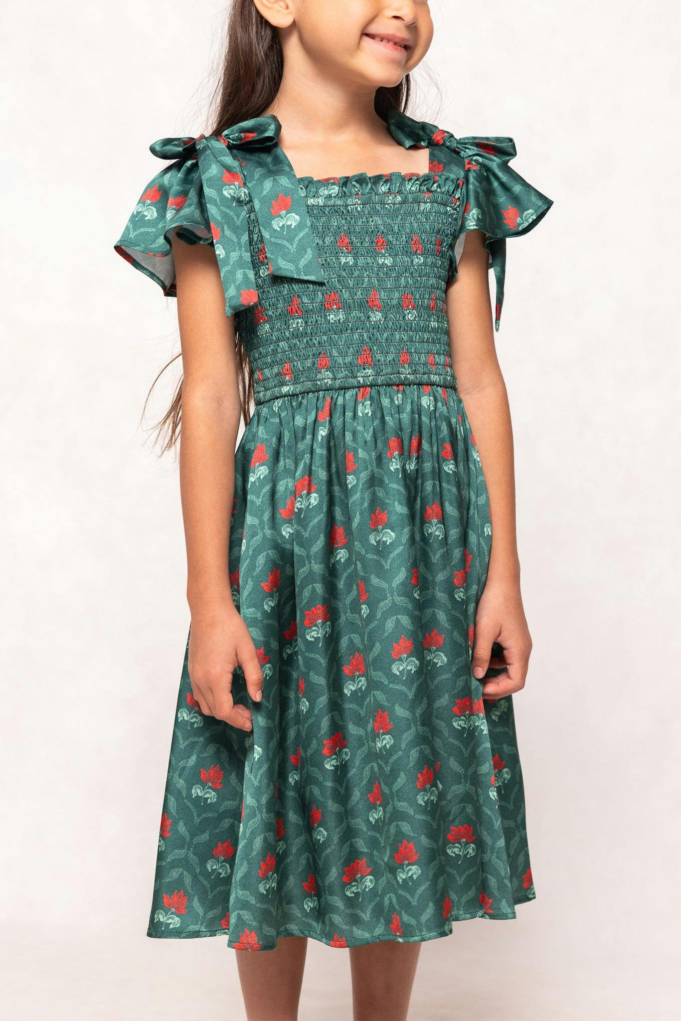 Mini Rayna Dress in Green Floral Block