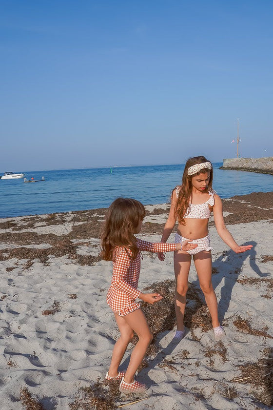 Long Sleeve Rashguard Ruffle Swimsuit | UPF + Recycled - Sienna Gingham