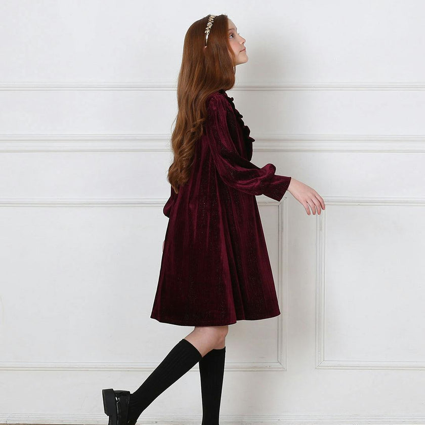 Lena Garnet Velvet Ruffle Collar Long Cuffed Sleeve Midi Dress, Red