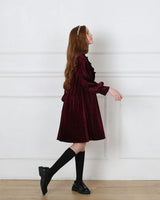 Lena Garnet Velvet Ruffle Collar Long Cuffed Sleeve Midi Dress, Red