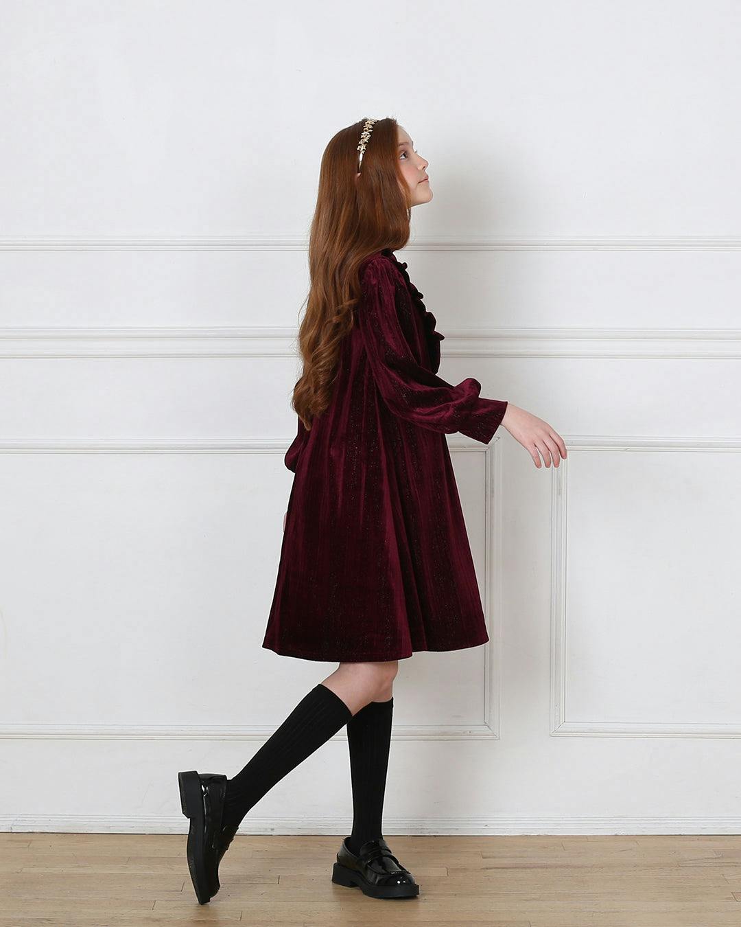 Lena Garnet Velvet Ruffle Collar Long Cuffed Sleeve Midi Dress, Red