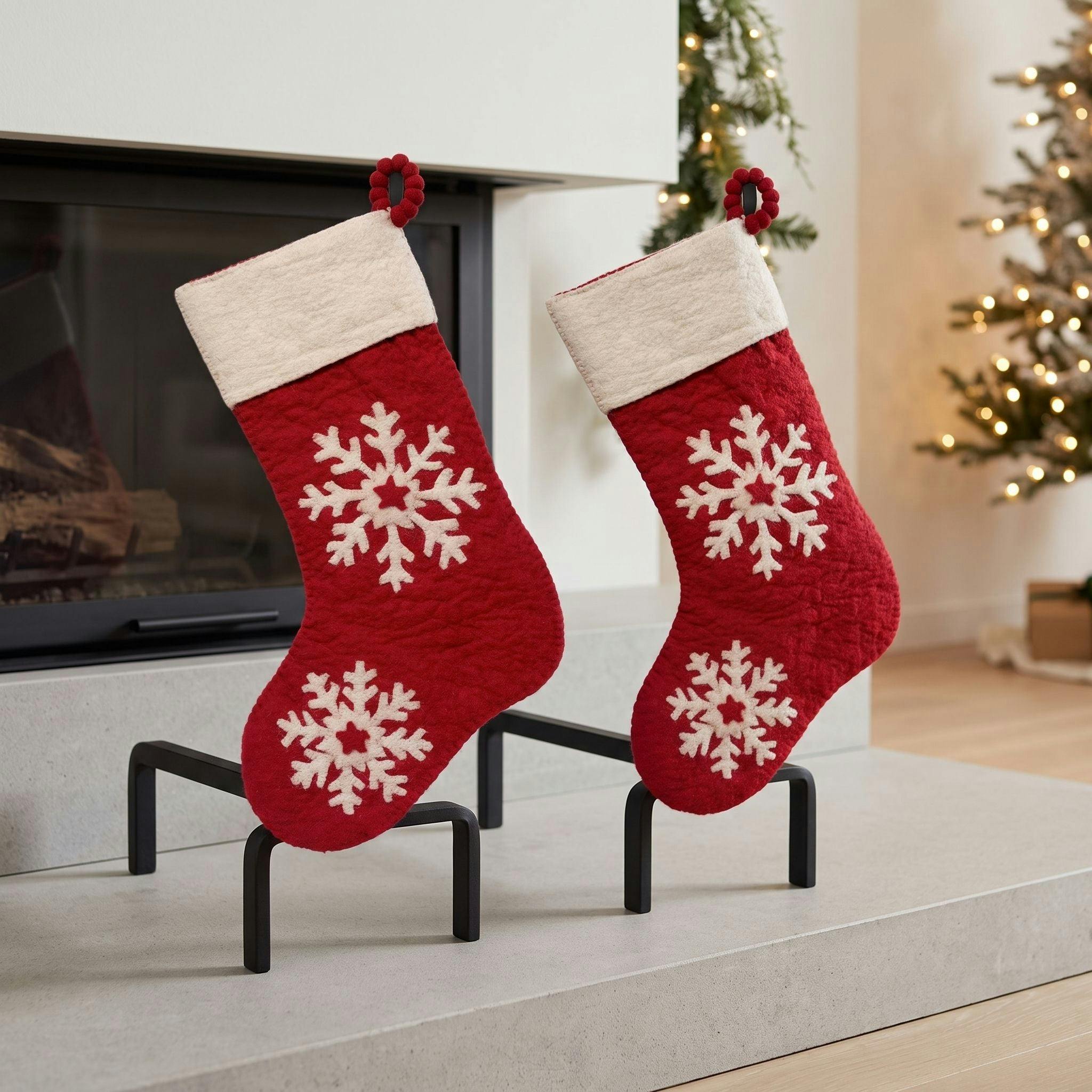Hand Felted Wool Christmas Stocking - Snowflake Red