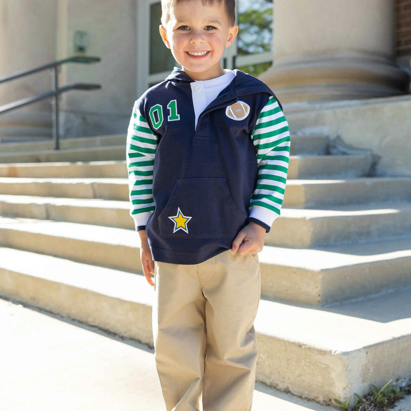 Hooded Knit Shirt with Varsity Football Motifs