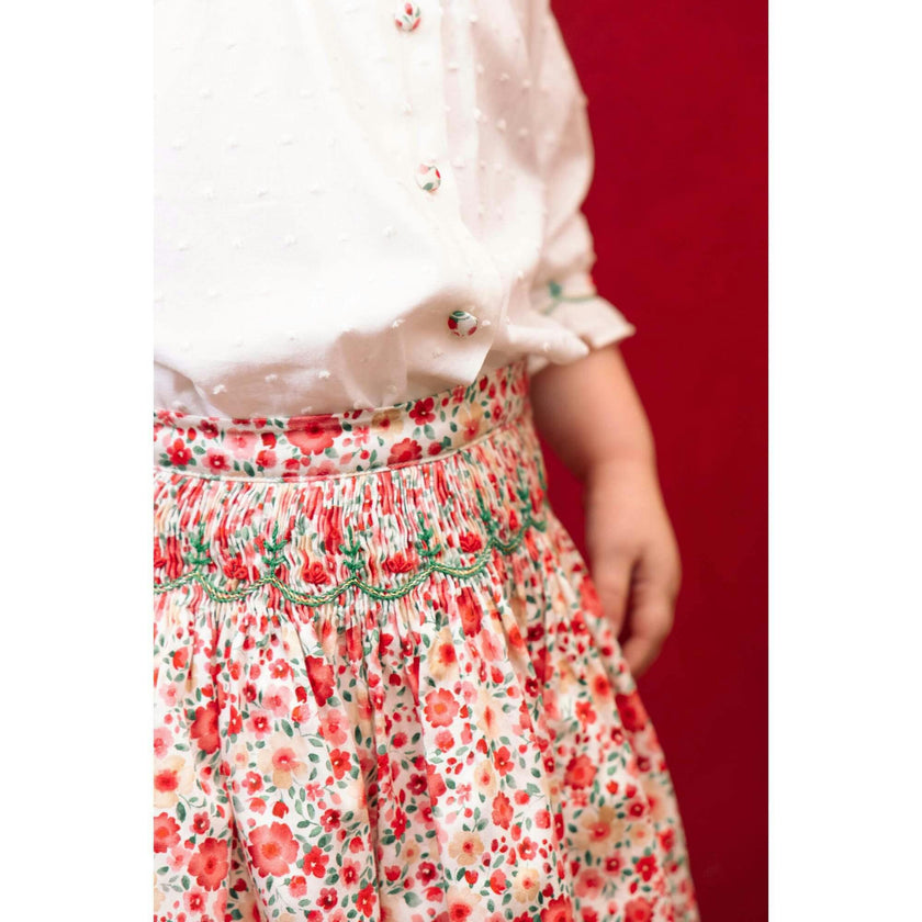 Marie Red Floral Smocked Skirt and Blouse Set