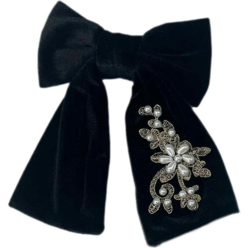 Embroidered Velvet Pearl Hair Bow