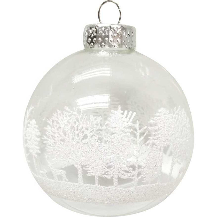 80MM Clear with White Tree Design Glass Ball Ornaments