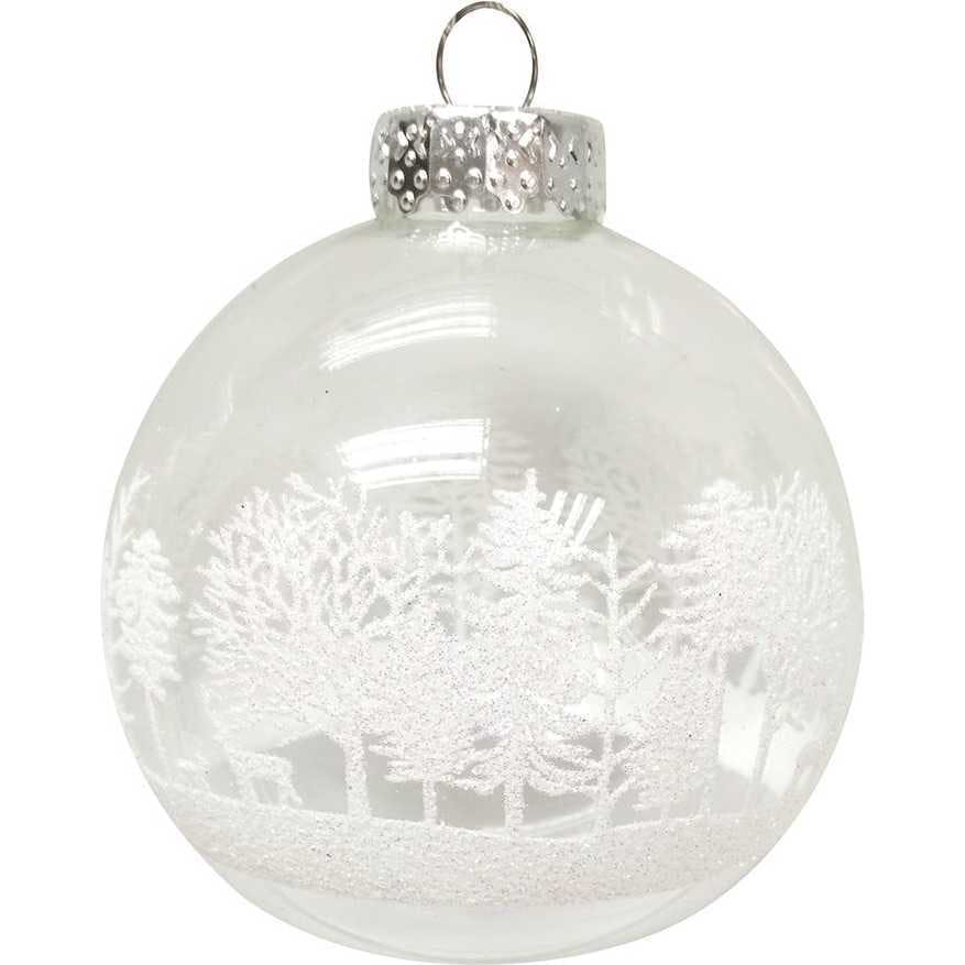 80MM Clear with White Tree Design Glass Ball Ornaments