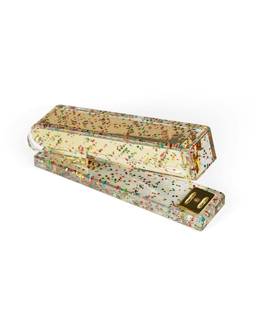 Packed Party Confetti Party Acrylic Stapler - Clear Confetti-Injected Acrylic Stapler with Gold Hardware for Home School and Office Desks, 5.75x2.75 Inch