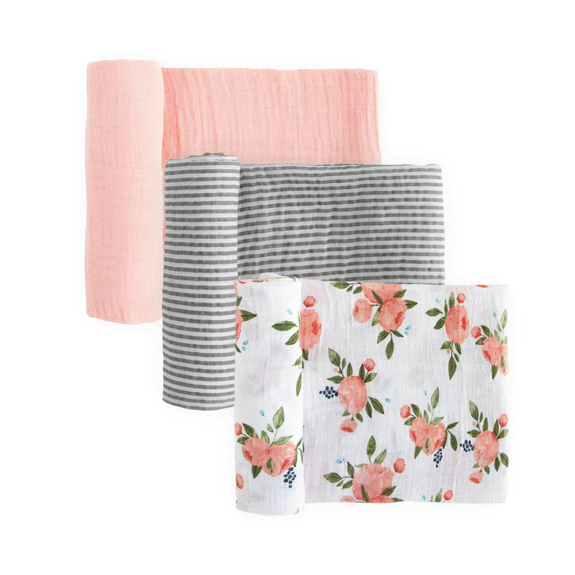 Cotton Muslin Swaddle Blanket 3 Pack - Watercolor Roses