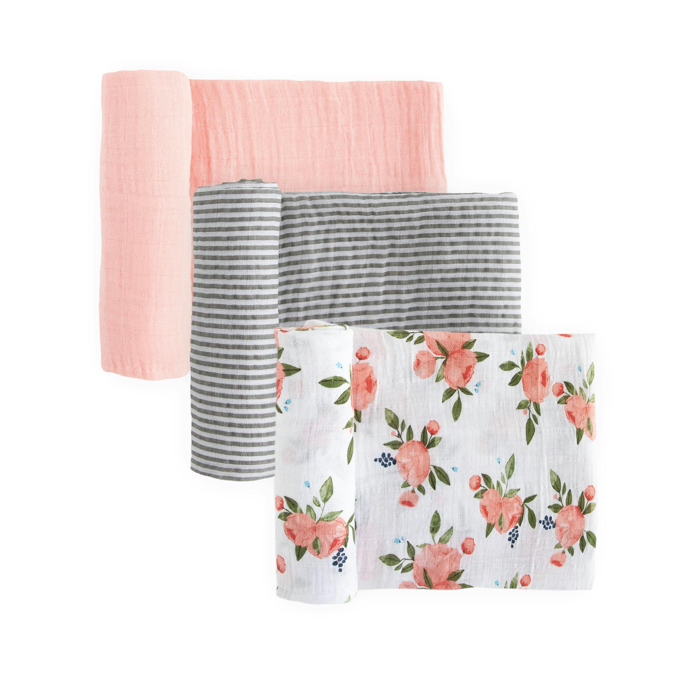 Cotton Muslin Swaddle Blanket 3 Pack - Watercolor Roses