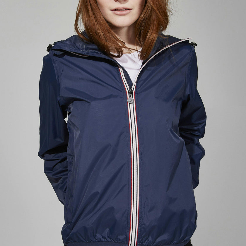 Navy full zip packable rain jacket and windbreaker