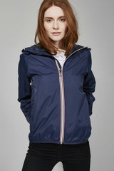 Navy full zip packable rain jacket and windbreaker