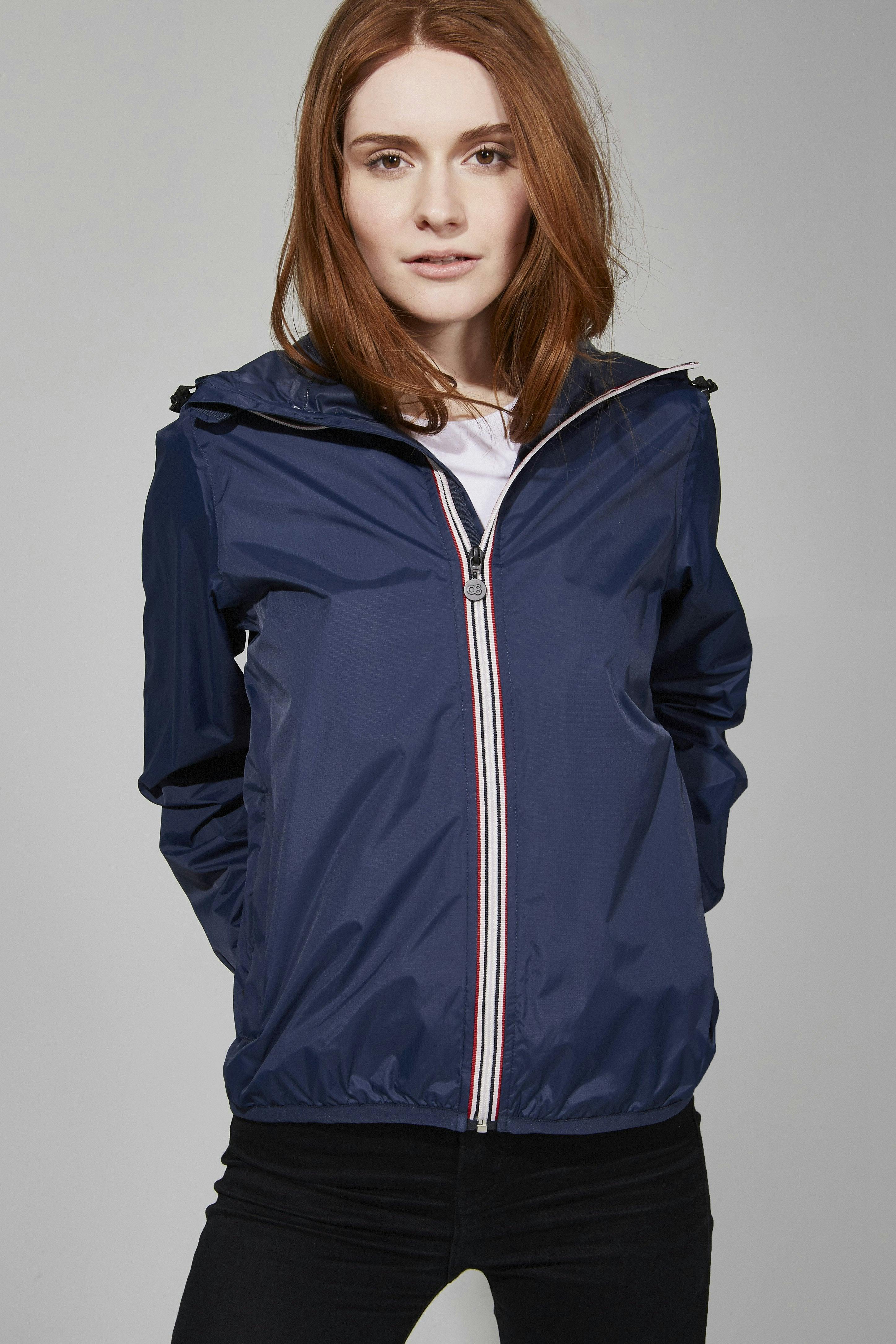Navy full zip packable rain jacket and windbreaker