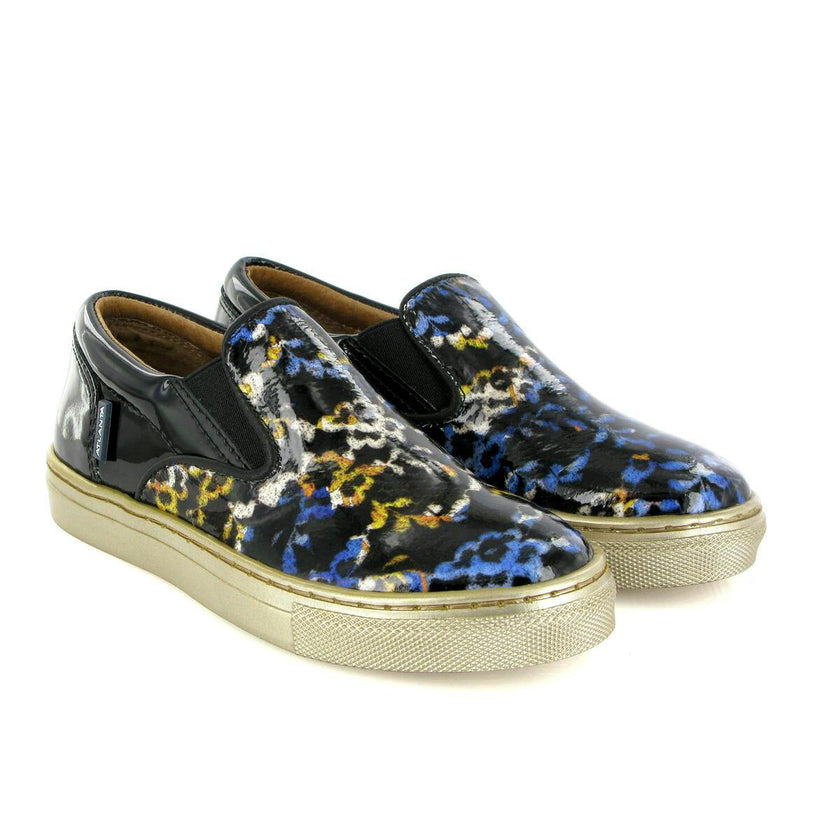 Slip On Patent Leather Sneakers, Black Blue & Yellow
