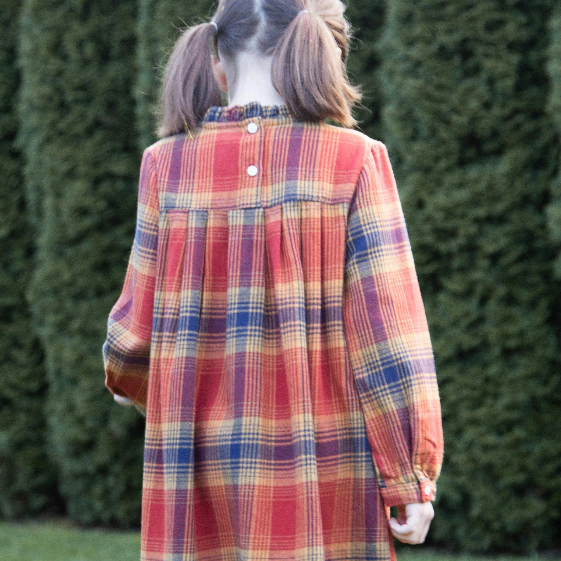Girls' Long Sleeve Ruffle Neck Plaid Dress