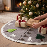 Cream Dogs and Green Trees Christmas Tree Skirt Gray Hand Felted Wool - 60" / 72"